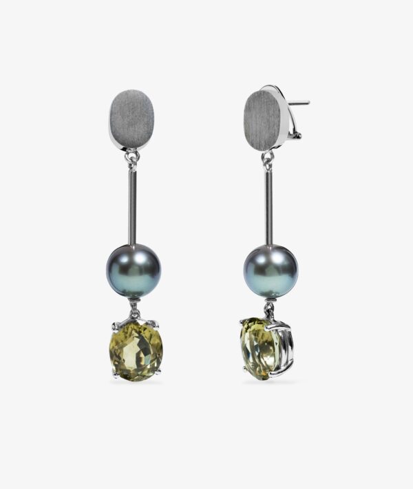Arracades d'or blanc de 18K cadascun amb una perla Tahití de 9 mm i un quars citrí de 9x11 mm talla oval facetat